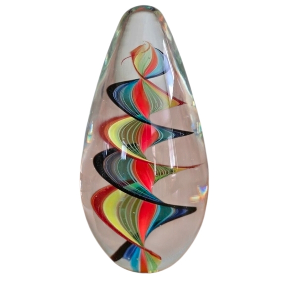 Rainbow Spiral Art Glass Paperweight | Teardrop Sculptural Décor - Picture 2 of 5